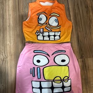 Colorful Cartoon Face Crop Top and Skirt Set